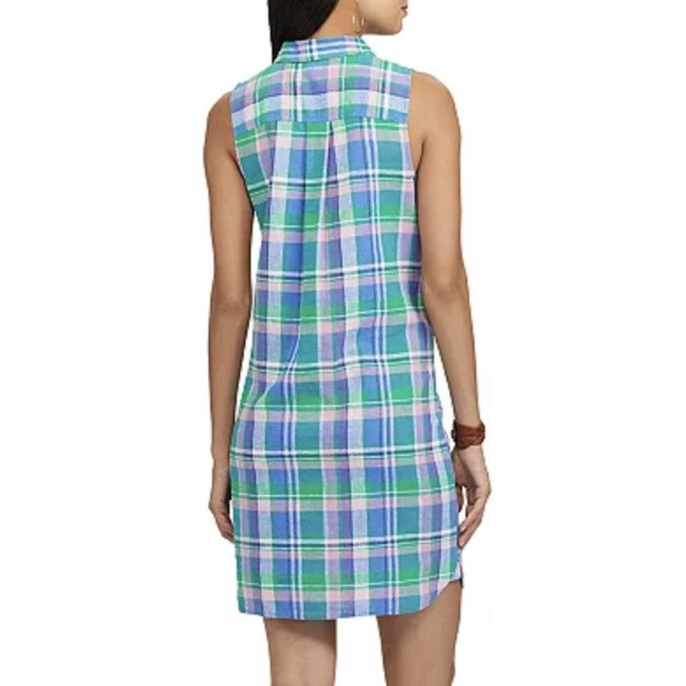 Chaps Womens Small Linen Blend Plaid Shirtdress Sleeveless Button Up Pink Green